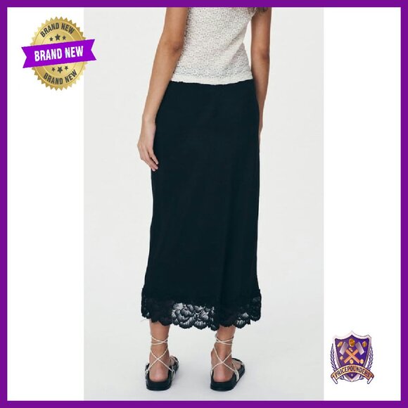 Silk Satin Midi Skirt with Lace Trim, Elastic Waist, Flowy A-Line - Picture 5 of 5